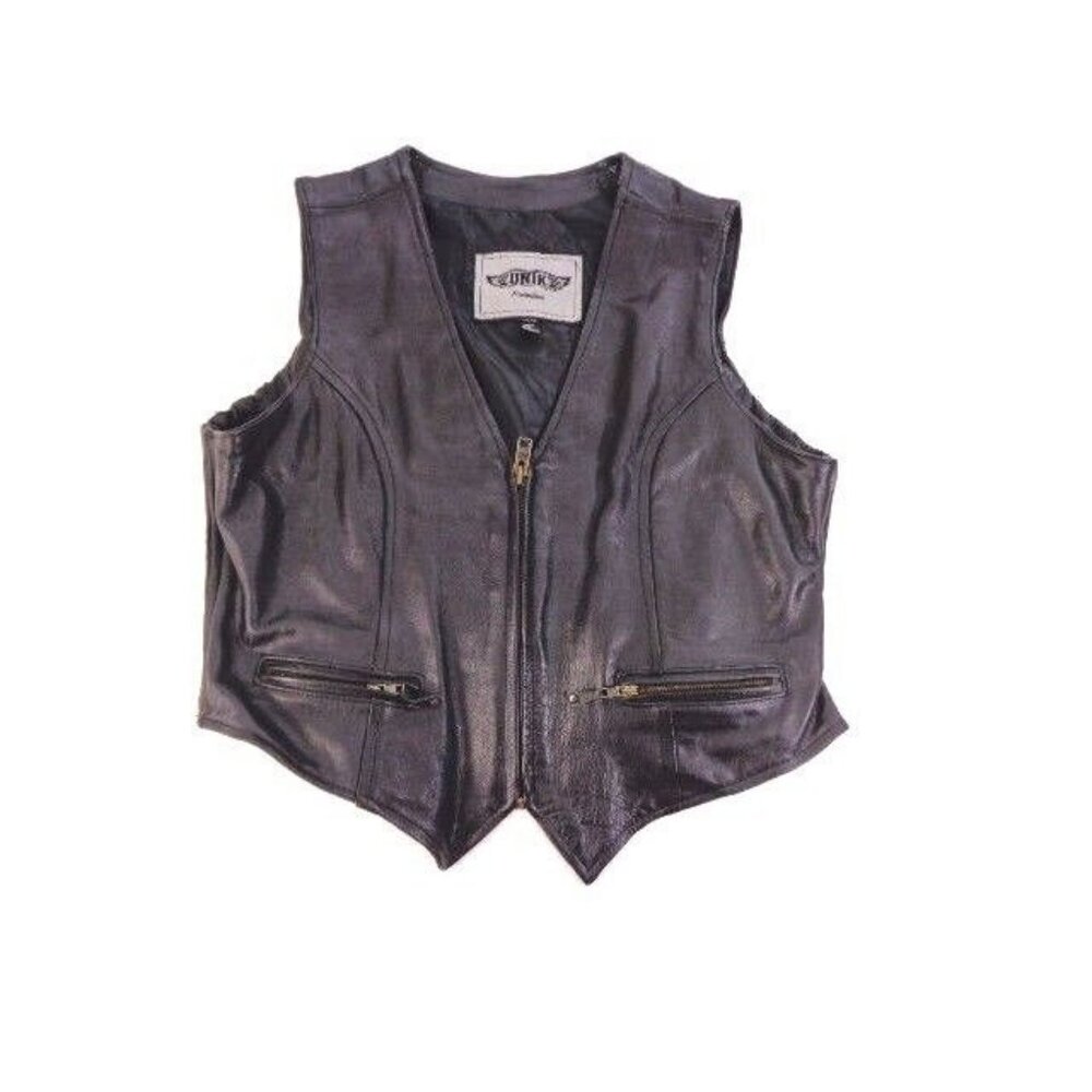 UNIK Premium Black Leather Full Zip Motorcycle Biker Vest Womens XXXL ***